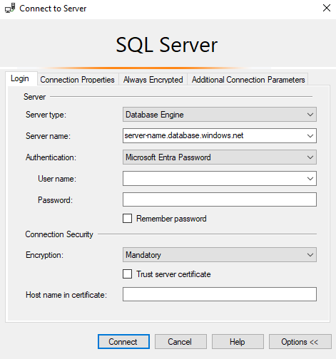 Cuplikan layar dari SSMS menggunakan autentikasi Microsoft Entra Password.