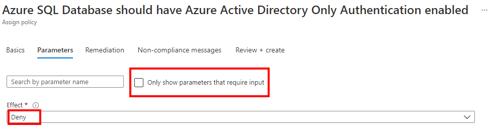 Cuplikan layar parameter efek Azure Policy untuk autentikasi khusus Azure AD.