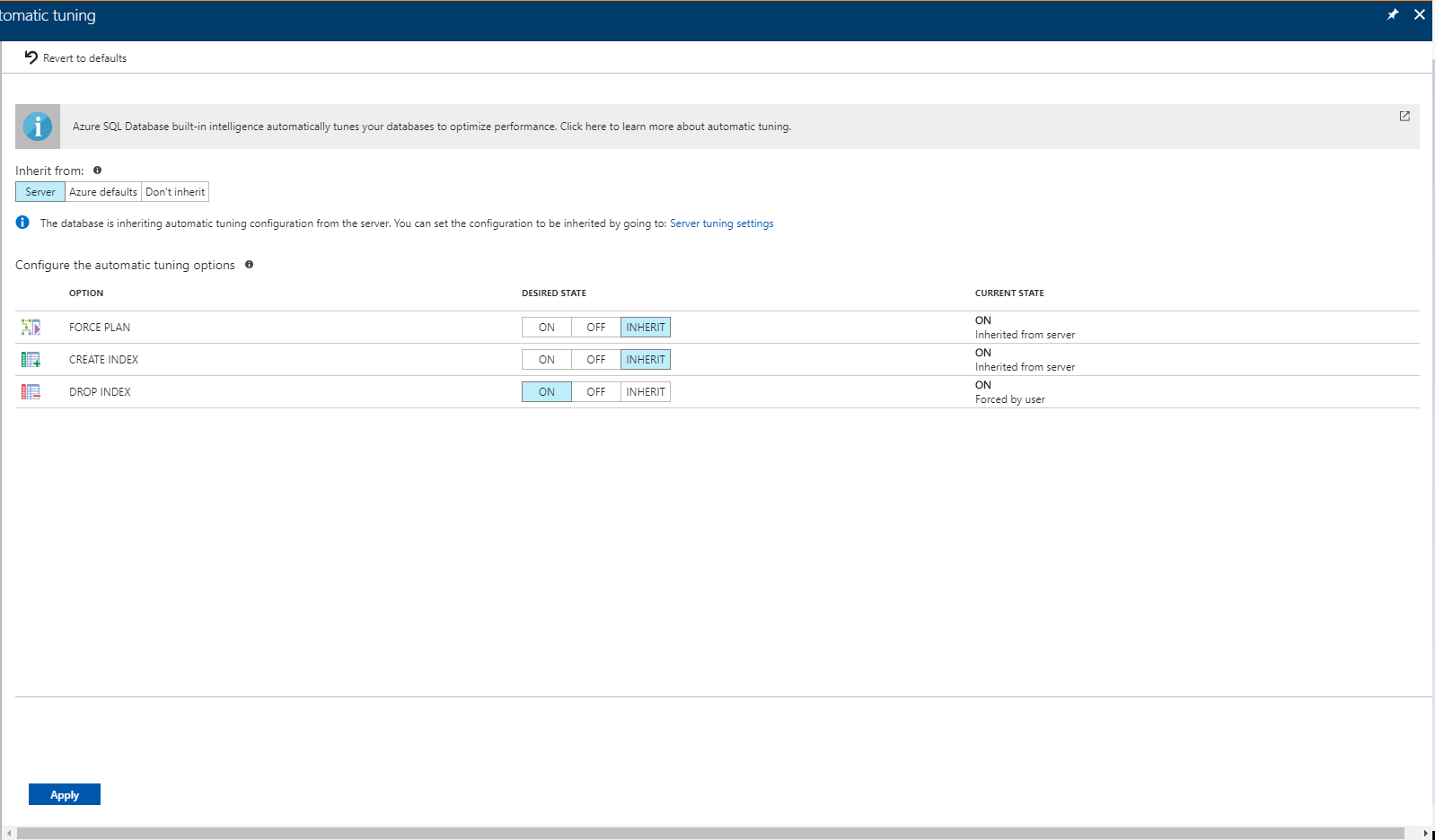 Cuplikan layar memperlihatkan Penyetelan otomatis di portal Microsoft Azure, tempat Anda bisa menerapkan opsi untuk database tunggal.