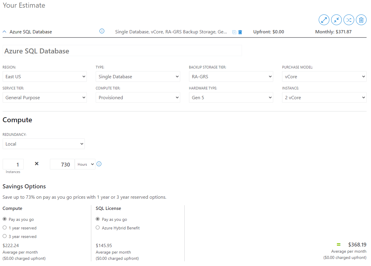 Contoh kalkulator harga Azure SQL Database