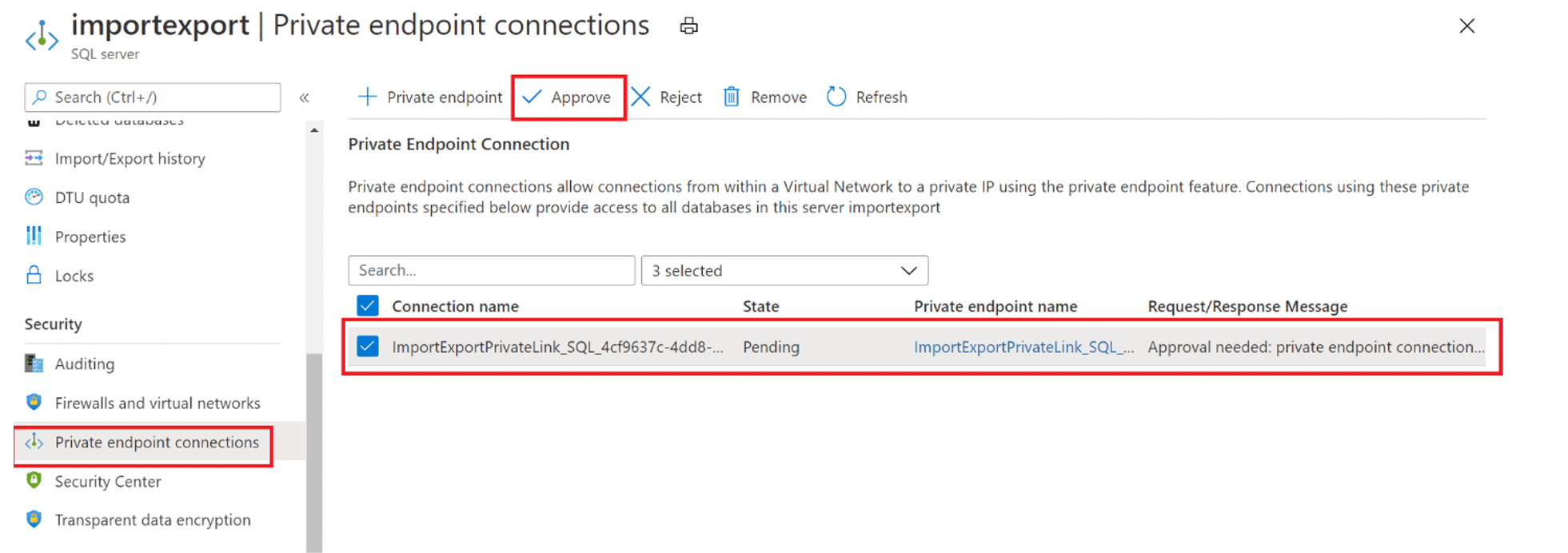 Cuplikan layar dari portal Azure yang memperlihatkan cara menyetujui Azure SQL Database Private Link.