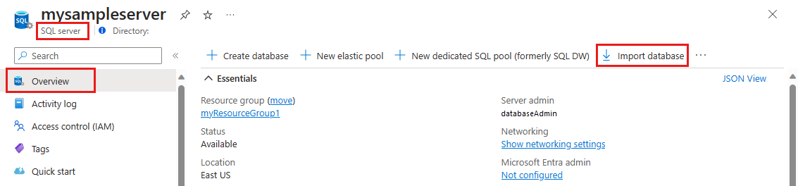 Cuplikan layar portal Azure, halaman gambaran umum server logis, dengan impor database dipilih.