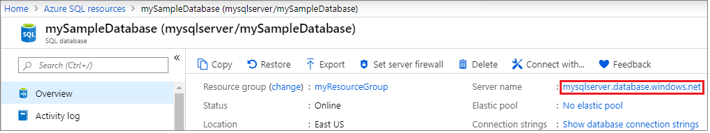 Cuplikan layar untuk membuka server untuk database tunggal di portal Azure.