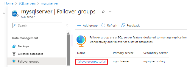 Cuplikan layar memperlihatkan grup Failover tempat Anda dapat memilih grup failover untuk SQL Server Anda.