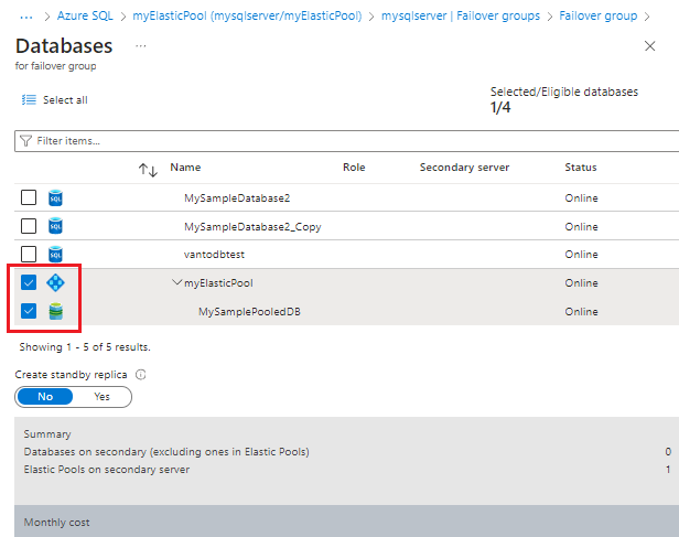 Cuplikan layar panel database untuk grup failover di portal Azure.