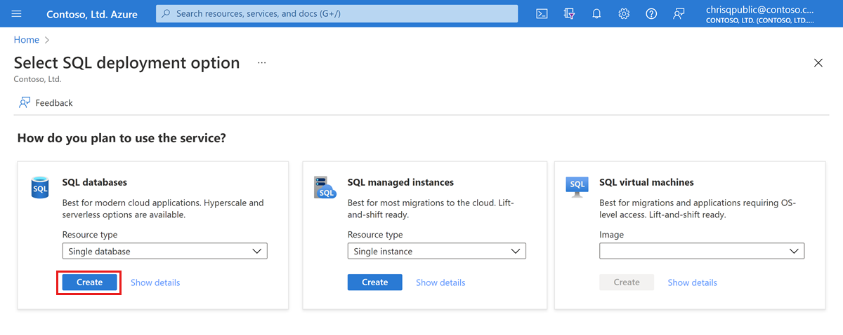 Screenshot of the Azure SQL page in the Azure portal. The page offers the ability to select a deployment option including creating SQL databases, SQL managed instances, and SQL virtual machines.