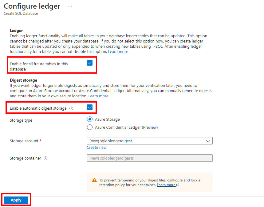 Cuplikan layar yang memperlihatkan panel Konfigurasi ledger di portal Azure.