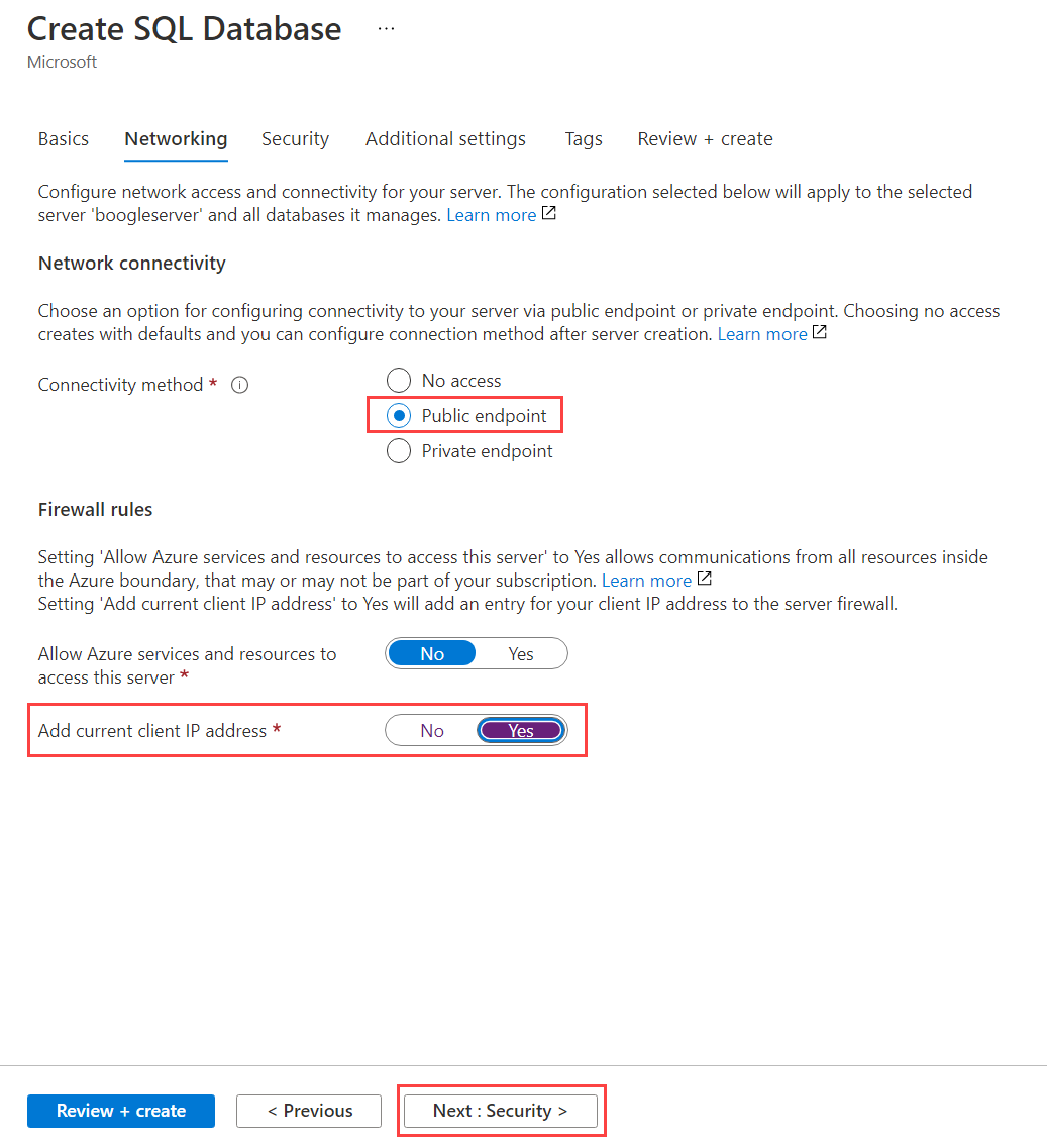 Cuplikan layar yang menunjukkan tab Jaringan dari layar Buat SQL Database di portal Microsoft Azure.