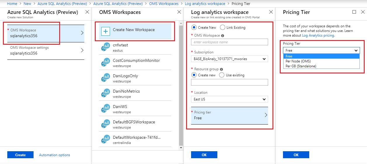 Cuplikan layar memperlihatkan cara mengonfigurasi Azure SQL Analytics di portal.