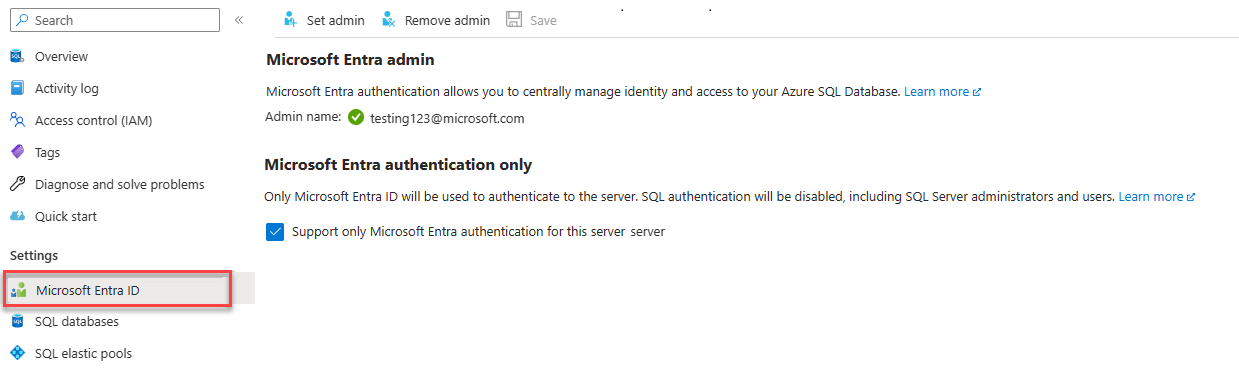 A screenshot showing how to enable Microsoft Entra admin.