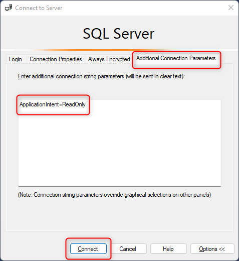 Cuplikan layar memperlihatkan Parameter Koneksi tambahan SSMS.