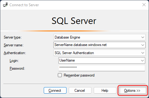 Cuplikan layar memperlihatkan tombol Opsi SSMS.