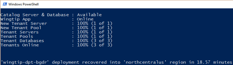 Cuplikan layar yang memperlihatkan jendela PowerShell tempat Anda dapat memantau status proses pemulihan.