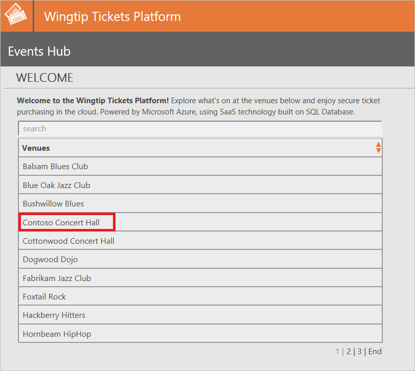 Cuplikan layar halaman hub peristiwa aplikasi sampel. Entri untuk Contoso Concert Hall dikotak merah.
