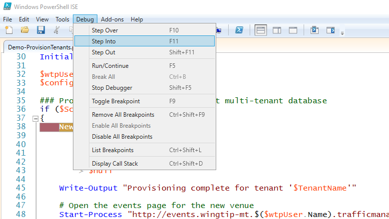 Cuplikan layar memperlihatkan ISE Windows PowerShell dengan menu Debug terbuka dan Langkah ke Dalam dipilih.