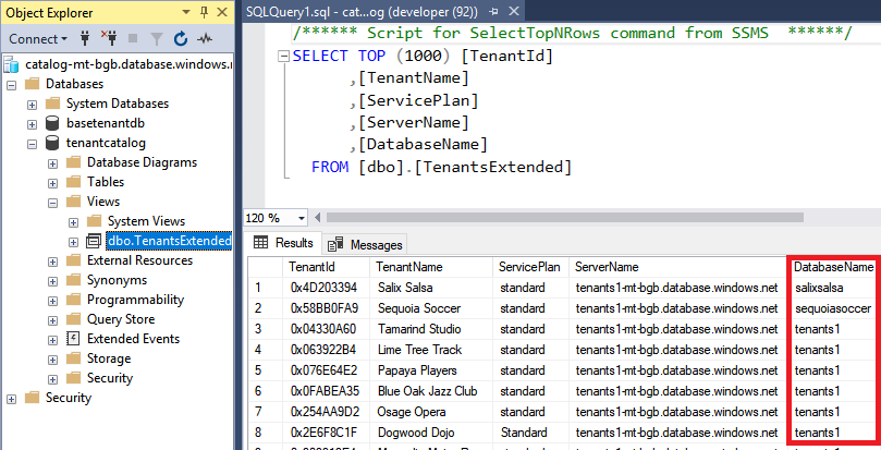 Tampilan ExtendedTenants di SQL Server Management Studio