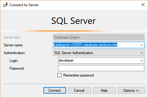 Dialog koneksi SQL Server Management Studio