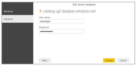 Cuplikan layar memperlihatkan dialog database SQL Server tempat Anda bisa memasukkan Nama pengguna dan Kata Sandi.