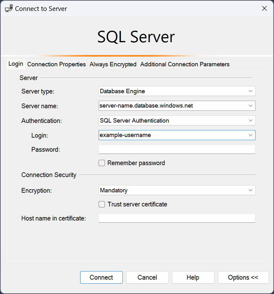 Cuplikan layar yang memperlihatkan informasi yang diperlukan untuk menyambungkan ke SQL Server.