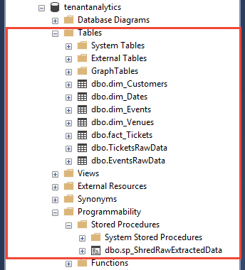 Cuplikan layar item database yang diperlihatkan di Object Explorer SQL Server Management Studio.