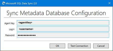 Cuplikan layar dari aplikasi agen klien Microsoft SQL Data Sync 2.0. Masukkan kunci agen dan kredensial server.