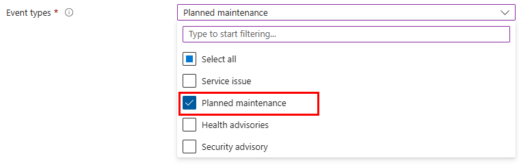 Cuplikan layar halaman portal Azure tempat Anda menentukan kondisi untuk pemberitahuan kesehatan dan menentukan jenis peristiwa yang akan diberi tahu.