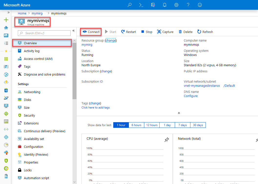 Cuplikan layar memperlihatkan portal Microsoft Azure dengan halaman Gambaran Umum untuk komputer virtual yang dipilih dan Sambungkan yang disorot.