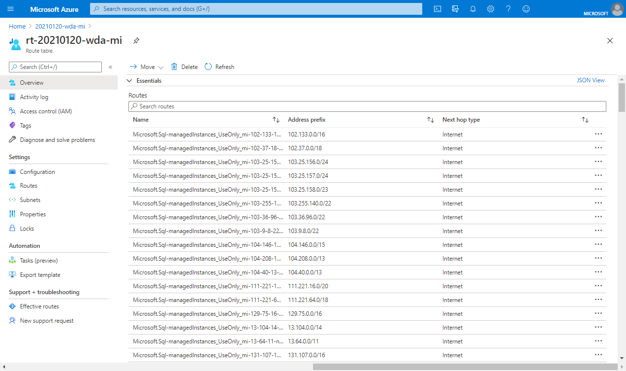 Cuplikan layar Entri untuk subnet SQL Managed Instance ke lokal di portal Azure.