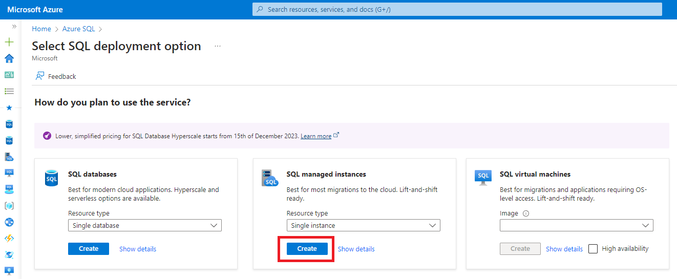 Cuplikan layar halaman pilih penyebaran SQL di portal Azure.