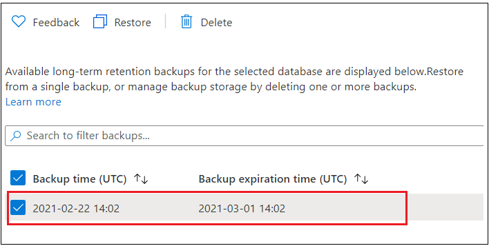 Cuplikan layar dari portal Azure memperlihatkan halaman untuk melihat cadangan.