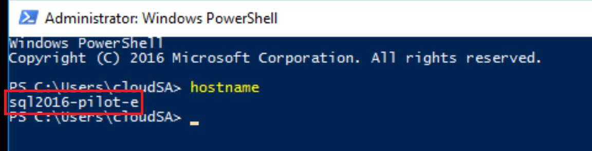 Cuplikan layar mencari tahu nama host Windows Server melalui prompt perintah.