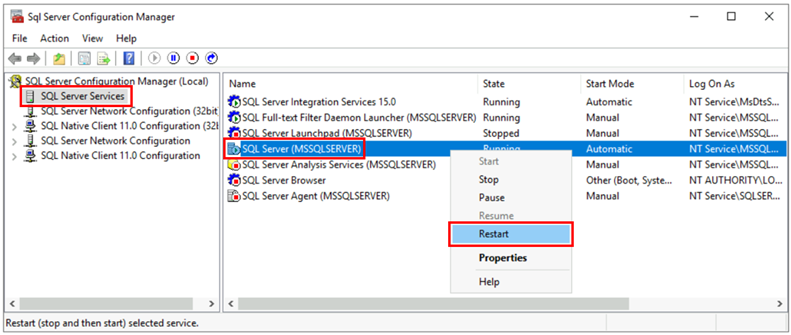Cuplikan layar yang memperlihatkan panggilan perintah mulai ulang SQL Server.