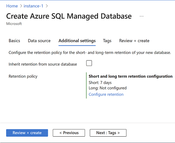 Cuplikan layar portal Azure yang memperlihatkan tab pengaturan tambahan dari halaman Buat Azure SQL Managed Database.