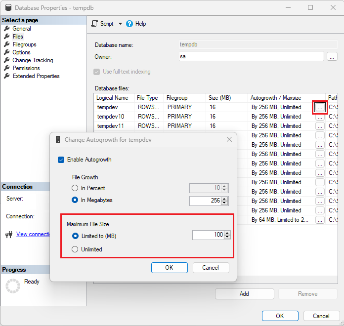 Cuplikan layar kotak dialog ubah pertumbuhan otomatis di SSMS, dengan ukuran file maksimum disorot. 