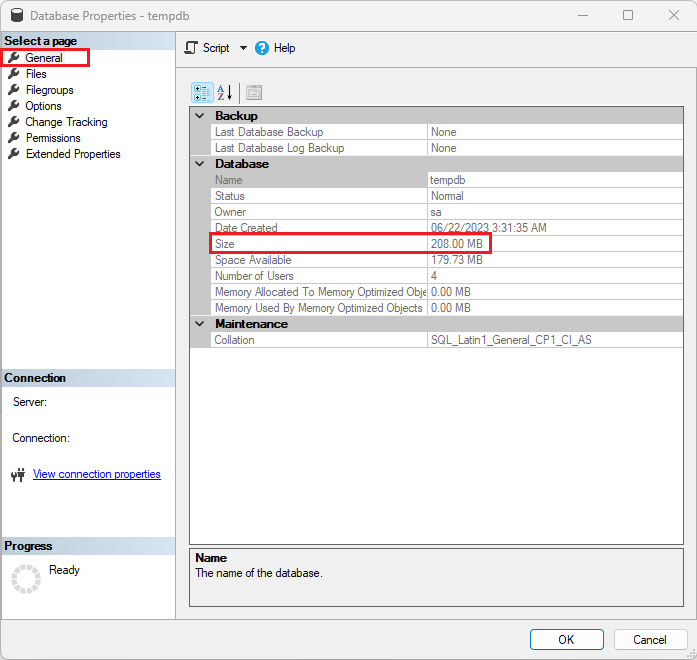 Cuplikan layar properti database tempdb memperlihatkan ukuran maksimum untuk tempdb di SQL Server Management Directory.