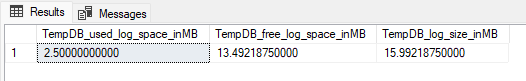 Cuplikan layar hasil kueri di SSMS memperlihatkan ruang yang digunakan dan kosong dalam file log tempdb.