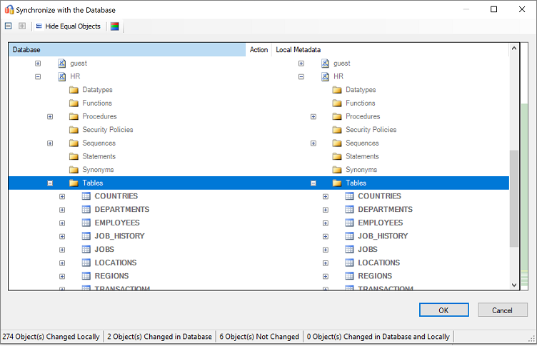 Cuplikan layar yang memperlihatkan Sinkronkan dengan tinjauan Database.