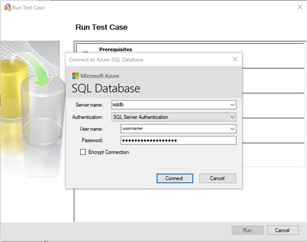 Cuplikan layar yang menunjukkan langkah untuk menyambungkan ke target sql.