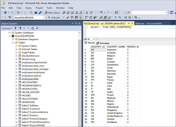 Cuplikan layar yang memperlihatkan validasi di SQL Server Management Studio.
