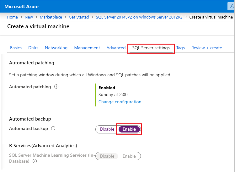 Cuplikan layar konfigurasi SQL Automated Backup di portal Azure.