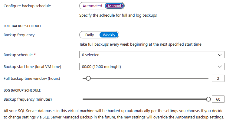 Cuplikan layar memilih manual untuk mengonfigurasi jadwal pencadangan Anda sendiri.