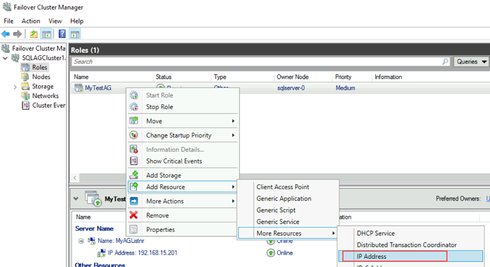 Cuplikan layar Pengelola Kluster Failover yang memperlihatkan pilihan untuk menambahkan alamat IP sebagai sumber daya.