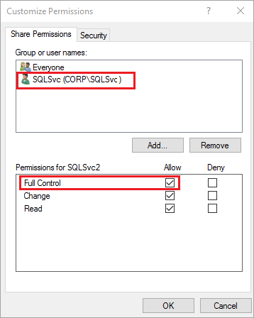 Pastikan bahwa akun layanan SQL Server untuk kedua server memiliki kontrol penuh.