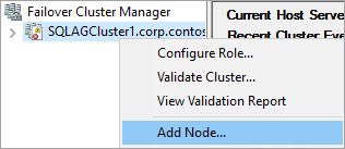 Cuplikan layar Manajer Kluster Failover yang memperlihatkan pilihan untuk menambahkan simpul ke kluster.