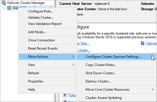 Cuplikan layar Manajer Kluster Failover yang menunjukkan pilihan untuk mengonfigurasi pengaturan kuorum kluster.