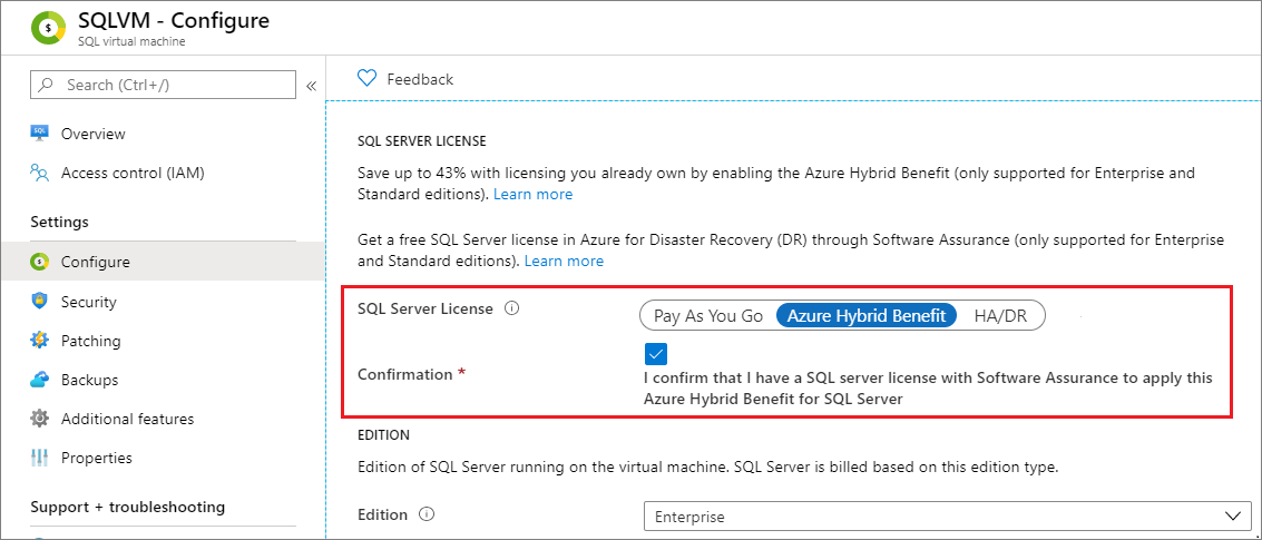Cuplikan layar memperlihatkan Azure Hybrid Benefit di portal.