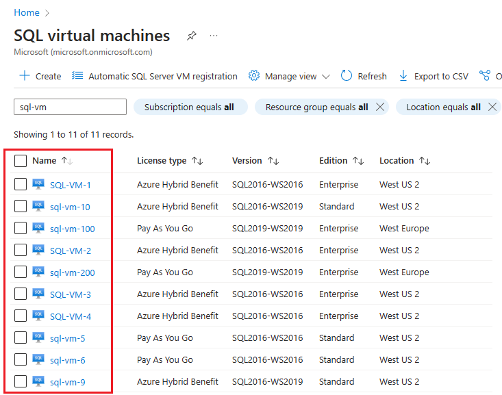 Cuplikan layar portal Azure, halaman sumber daya komputer virtual SQL, dengan VM dipilih.