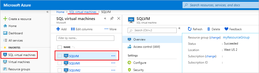 Cuplikan layar mengakses sumber daya komputer virtual SQL di portal Azure.