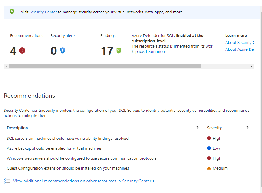 Cuplikan layar portal Azure, sumber daya komputer virtual SQL, memperlihatkan tempat mengonfigurasi pengaturan Defender untuk Cloud SQL Server.