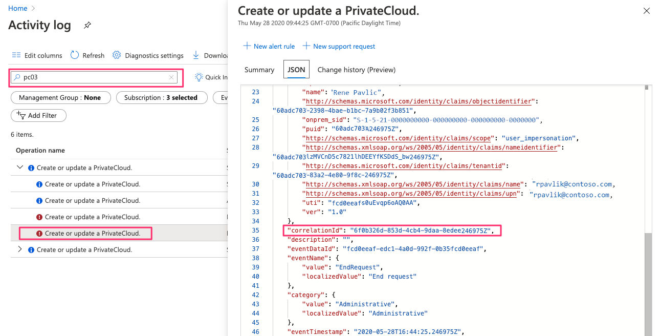 Cuplikan layar yang memperlihatkan hasil pencarian untuk contoh sumber daya cloud privat dan panel Buat atau perbarui panel PrivateCloud.